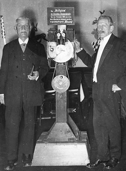 The Skladanowsky brothers demonstrating their projector years later.