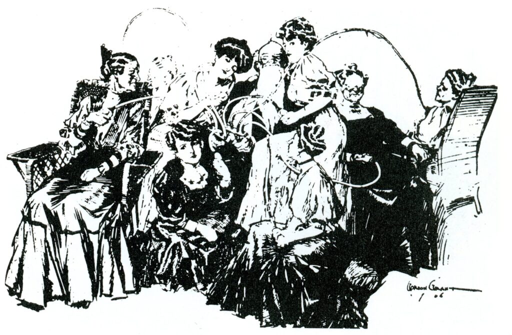 Cartoon of a Mormon man trying to hold hands with his seven wives through a yarn-like apparatus.